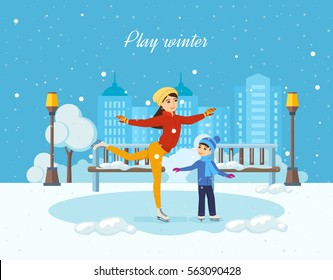 Kids favorite winter activities. Boy with in winter clothes, ride on the ice in a good mood. Next to them, Mom shows master class. Vector illustration. Can be used in banner, mobile app.