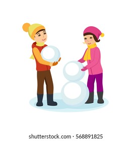 Kids favorite winter activities. Boy and girl in winter clothes, sculpt a snowman in a good mood and with a smile on his face. Vector illustration. Can be used in banner, mobile app, design.