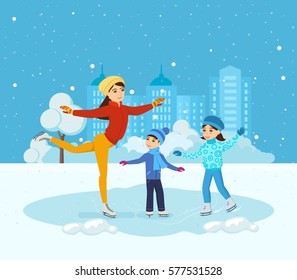 Kids favorite winter activities. Boy with the girl in winter clothes, ride on the ice in a good mood. Next to them, Mom shows master class. Vector illustration. Can be used in banner, mobile app.