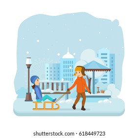 Kids favorite winter activities. The boy rolls girl on a snow-covered plain, both dressed in winter warm clothes, kids have fun and entertain. Modern vector illustration isolated in cartoon style.