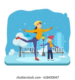 Kids favorite winter activities. Boy with in winter clothes, ride on the ice in a good mood. Next to them, Mom shows master class. Modern vector illustration isolated in cartoon style.