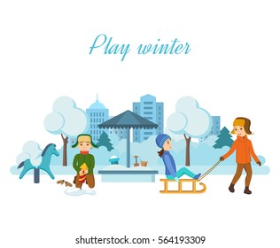 Kids favorite winter activities. The children play in the playground, setup firework rocket in a snowdrift to further its launch into the air, having fun and smiling. Vector illustration.