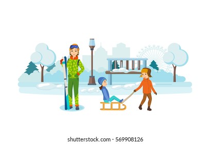 Kids favorite winter activities. Children playing in a winter park, have fun and sledding, a young girl in winter clothes, holding a ski set. Vector illustration. Can be used in banner, mobile app.