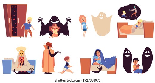 Los niños temen y sueñan mal con personajes de dibujos animados temerosos de los monstruos, ilustración plana vectorial aislada en fondo blanco. Los niños temen y fobias.