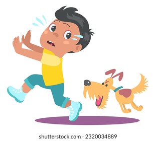 Kids fear. Boy running away from evil dog. Children phobia. Panicked teen. People afraid of domestic animal. Person escaping from angry pet. Horror of aggressive puppy