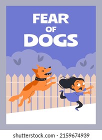 Kids fear of dogs banner or card template, flat cartoon vector illustration. Psychological help for children suffering from cynophobia or fear of dogs.