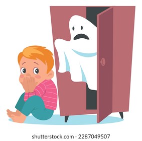 Kids fear. Frightened boy afraid of ghost. Children phobia. Phantom in cupboard. Anxiety imagination. Panicked young person. Horror illusion. Imaginary scary boogeyman