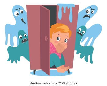 Kids fear. Frightened boy afraid of ghost. Children phobia. Phantom in cupboard. Anxiety imagination. Fearful monster. Panicked young person. Imaginary scary boogeyman