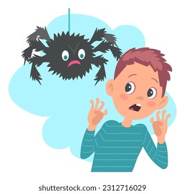 Kids fear. Frightened boy afraid of spider. Children phobia. Fearful insect. Spooky tarantula hanging on spiderweb. Panicked young person. Terrified teenager. Vector