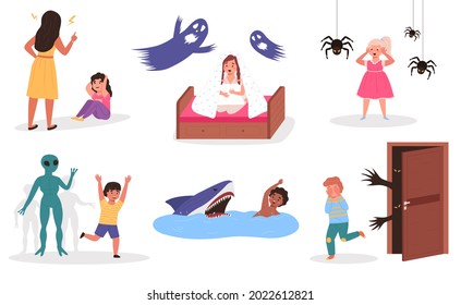 Kids fears. Different children phobias. Scared boys and girls. Babies afraid of terrible dreaming and stressful vivid imagination, ghosts or monsters. Vector i fearful little people set