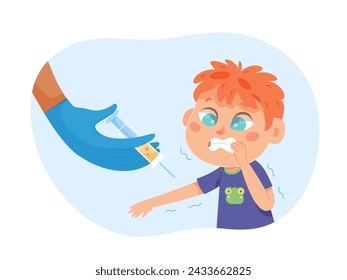 Kids fears vector illustration. Children afraid of vaccinations. Scared crying boy vaccinated in hospital. Childish phobia. Trypanophobia. Frightened cartoon male character. Kid psychologic support.