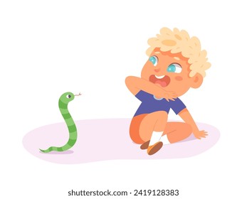 Kids fears vector illustration. Scared crying boy afraid of snake. Young male person with childish phobia. Frightened cartoon character. Kid psychologic support and therapy.