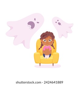 Los niños temen ilustración vectorial. Chica llorando asustada con miedo al fantasma. Fobia infantil. Caricatura asustada joven personaje femenino. Apoyo psicológico infantil.