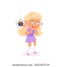 Kids fears vector illustration. Scared crying girl afraid of spider. Young female person with childish phobia. Arachnophobia. Frightened cartoon character. Kid psychologic support and therapy.