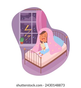 Los niños temen ilustración vectorial. Chica llorando asustada con miedo a la tormenta. Brontofobia. Fobia infantil. Caricatura asustada joven personaje femenino en dormitorio oscuro. Apoyo psicológico infantil.