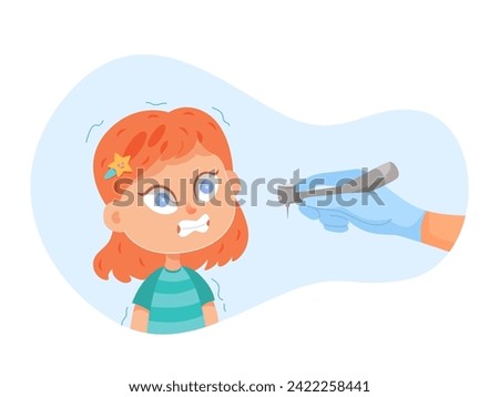 Kids fears vector illustration. Scared crying girl in dental clinics. Children afraid dentist. Childish phobia. Dentophobia. Frightened cartoon young female character. Kid psychologic support.