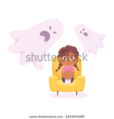 Kids fears vector illustration. Scared crying girl afraid of ghost. Childish phobia. Frightened cartoon young female character. Kid psychologic support.