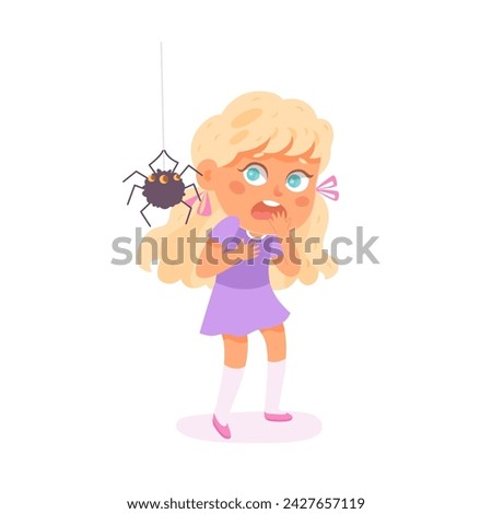 Kids fears vector illustration. Scared crying girl afraid of spider. Young female person with childish phobia. Arachnophobia. Frightened cartoon character. Kid psychologic support and therapy.