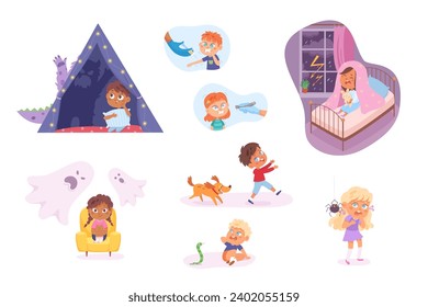 Kids fears vector illustration set. Children afraid. Scared boys and girls with childish phobias. Frightened cartoon characters. Children therapy. Kid psychologic support.