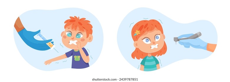 Kids fears vector illustration set. Children afraid of vaccinations and dentist. Scared crying boy and girl with childish phobias. Frightened young cartoon characters, Kid psychologic support.