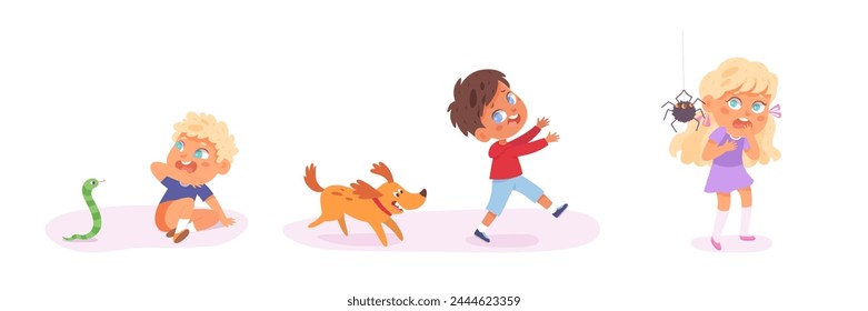 Kids fears vector illustration set. Children afraid. Scared and crying boys and girls. Childish phobias. Frightened cartoon characters. Children therapy. Kid psychologic support,