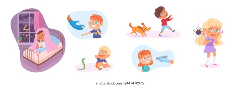 Los niños le temen a la Ilustración vectorial. Niños asustados. Niños y niñas asustados con fobias infantiles. Personajes de dibujos animados asustados. Terapia infantil. Asistencia psicológica infantil.