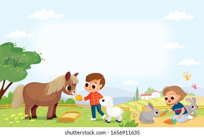 Kids feed the animals in the farm. Boy feeding a pony. Pets care. Girl feeding rabbits. Summer background with farm building.