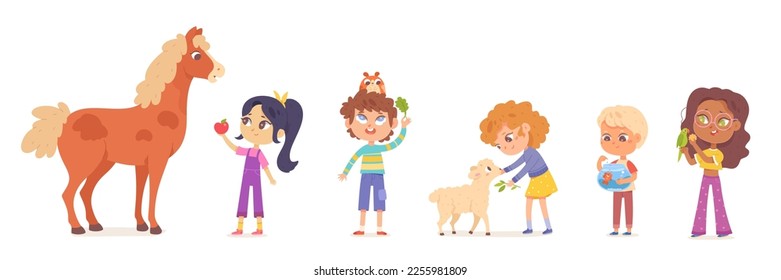 Kids feed domestic pets and farm animals set vector illustration. Cartoon isolated boys and girls holding food for friends, children feeding farm horse and lamb, funny hamster and parrot, fish