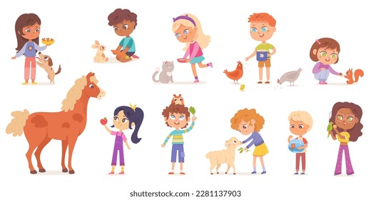 Kids feed and love animals set vector illustration. Cartoon isolated cute boys and girls holding pet food, feeding funny parrot and cat, fish in aquarium and forest squirrel, farm chicken and horse