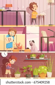 Kids feeding pets watering plants and cleaning rooms 3 horizontal retro cartoon banners set isolated vector illustration 
