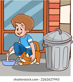 kids feeding stray animals cartoon vector