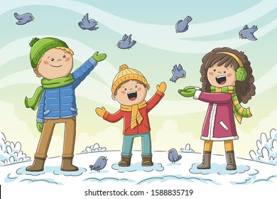 Kids feeds birds in winter. Hand drawn vector illustration with separate layers.