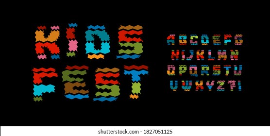 Kids fest style alphabet. Funny colored font, colorful woolen texture type for children logo, carnival and fiesta banner and poster, fun typography. Jamaika color letters, vector typography design