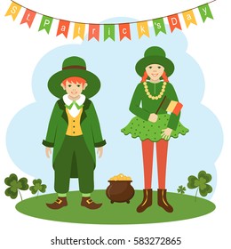 Kids in festive costumes. St.Patrick 's Day. Card. Vector illustration.