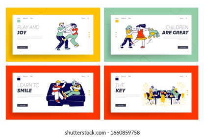Kids Fighting, Financial School Class Website Landing Page Set. Children Quarreling Shouting and Hitting, People Study in Business Course Web Page Banner. Cartoon Flat Vector Illustration Linear