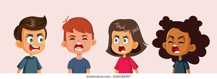 
Kids Fighting Having an Argument and Bad Communication Skills. Group of children destroying their friendship by miscommunication 
