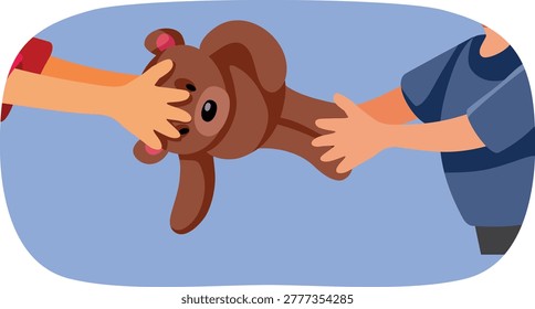 Kids Fighting over a Teddy Bear Toy Vector Illustration. children struggling to pull a plush animal during a tense play conflict