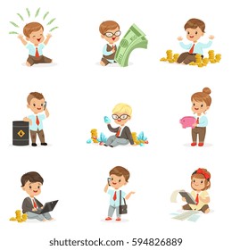 Kids In Financial Business Collection Of Cute Boys And Girls Working As Businessman Dealing With Big Money