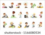 Kids In Financial Business Set Of Cute Boys And Girls Working As Businessman Dealing With Big Money