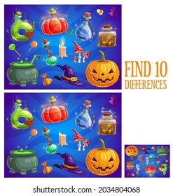 Kids find ten differences Halloween quiz game. Child playing activity or riddle worksheet, children educational game with details compare task. Halloween pumpkin, witch hat and cauldron, magic potions