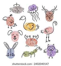 Kids Fingerprint Animal Doodles Collection. Rabbit, Ant, Spider and Jellyfish, Deer, Dog, or Crab. Owl, Parrot, Swan and Flamingo Birds Drawings in Cute Childish Style. Cartoon Vector Illustration