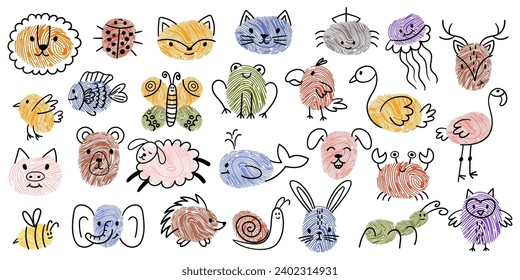 Kids Fingerprint Animal Doodles. Lion, Ladybug, Fox, Cat and Spider. Jellyfish, Deer, Bird and Fish or Butterfly. Frog, Parrot, Swan and Flamingo. Pig, Bear, Sheep and Whale, Vector Illustration Set