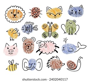 Kids Fingerprint Animal Doodles Set. Snail, Hedgehog, Elephant and Bee. Whale, Sheep, Bear or Pig with Frog. Butterfly, Fish, Bird and Cat with Fox, Ladybug and Lion. Cartoon Vector Illustration