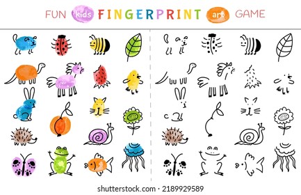 Kids fingerprint game. Paint baby finger print art play. Children learning drawing, school kindergarten activity in group. Animal draw decent vector concept