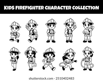 Kids firefighter character outline vector illustration set