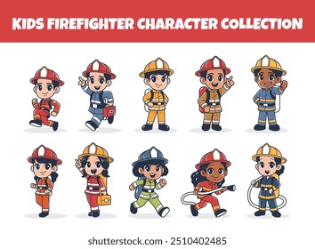 Kids firefighter character vector illustration set