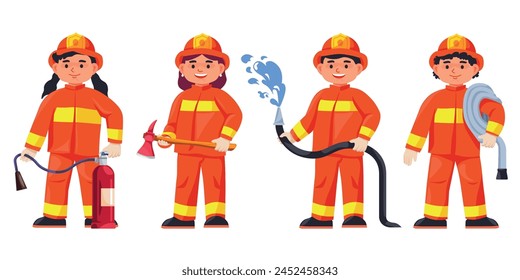 Kids firefighters. Children firemen cartoon cute characters, child brave fireman in hat with hose rescue equipment funny firefighter boy girl kid brigade vector illustration of child firefighter