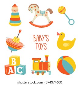 Kids First Toys icon set. Baby shower design element. Cartoon vector hand drawn eps 10 illustration isolated on white background.