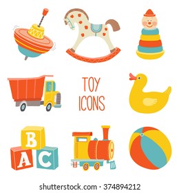 Kids First Toys icon set. Baby shower design element. Cartoon vector hand drawn eps 10 illustration isolated on white background.