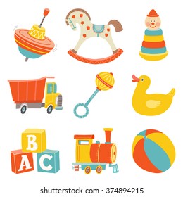 Kids First Toys icon set. Baby shower design element. Cartoon vector hand drawn eps 10 illustration isolated on white background.